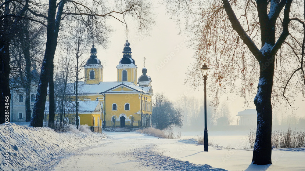 Winter landscape featuring a serene yellow church by a snow-covered path lined with trees and a streetlamp at dawn Winter landscape featuring a serene yellow church by a snow-covered path lined with trees and a streetlamp at dawn