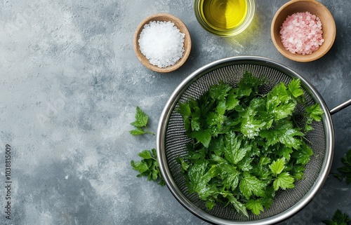 Aerial view of vegan cuisine featuring fresh nettles in a metal colander with Himalayan pink salt and oil against a gray backdrop photo