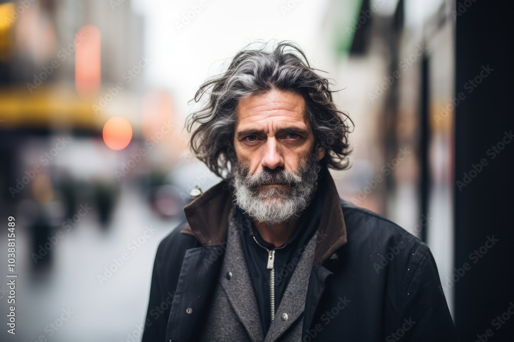 Handsome middle aged man with long gray hair and beard in the city Handsome middle aged man with long gray hair and beard in the city