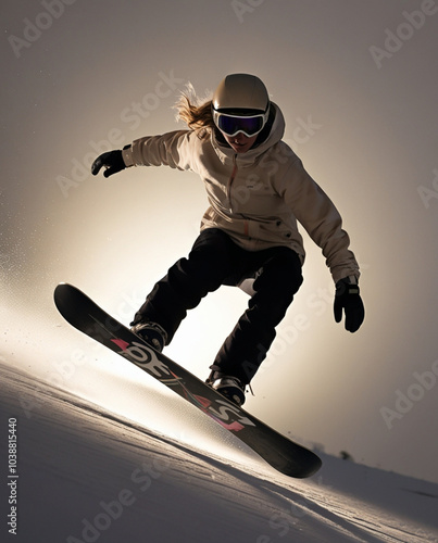 woman snowboarder in flight with sky behind
