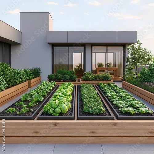 Sustainable urban rooftop garden blueprint, organic produce and solar panels, modern ecourban living photo