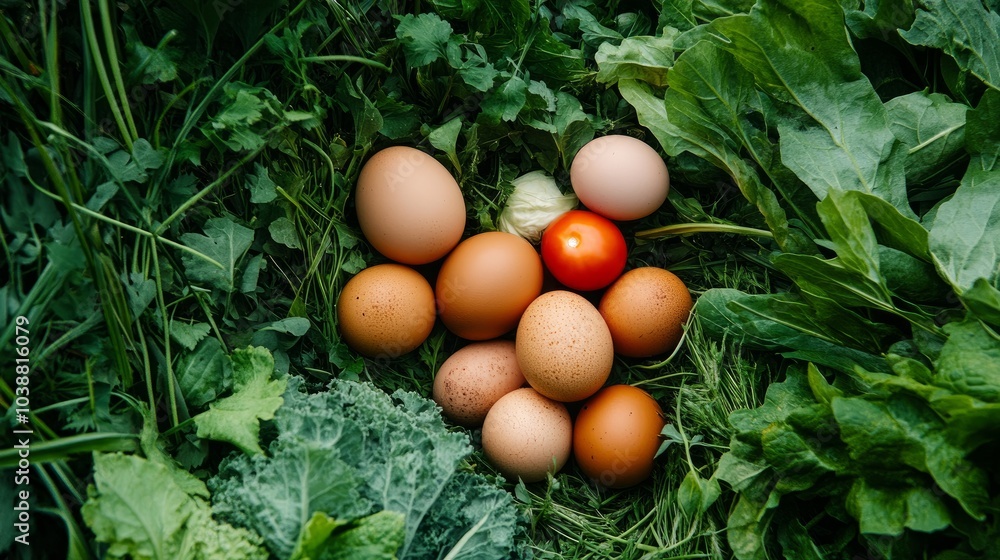 Nestled on a bed of vivid green grass are fresh vegetables and eggs, ready to nourish and delight. Nestled on a bed of vivid green grass are fresh vegetables and eggs, ready to nourish and delight.