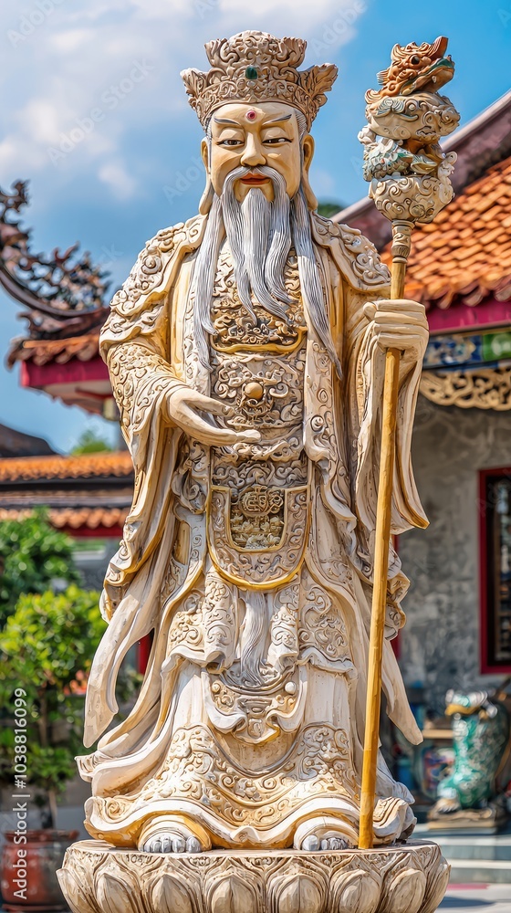 Humble Figure Holding Staff in Scenic Setting