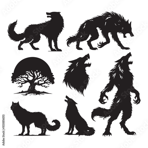 Set of werewolf silhouettes isolated on a white background, Vector illustration.