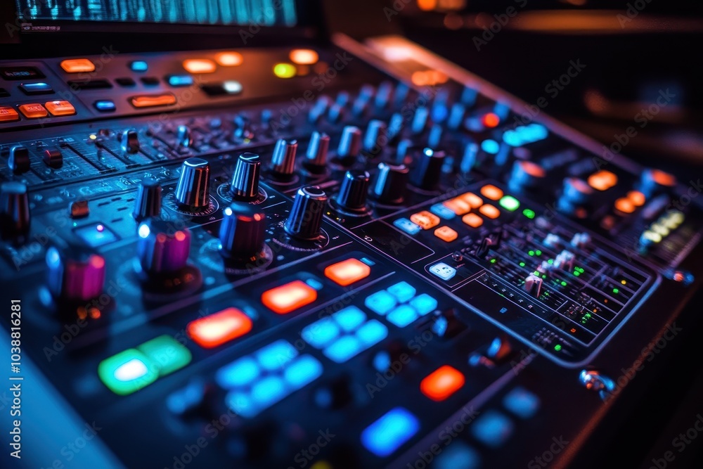 An in depth view of contemporary sound equipment with controls during a studio recording An in depth view of contemporary sound equipment with controls during a studio recording