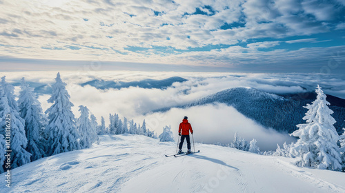 A skier enjoys the breathtaking view from the snowy summit with clouds enveloping the mountains