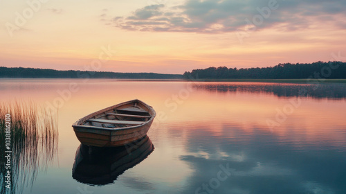 A lonely wooden boat floats on a tranquil lake at sunset, surrounded by soft hues of pink and orange