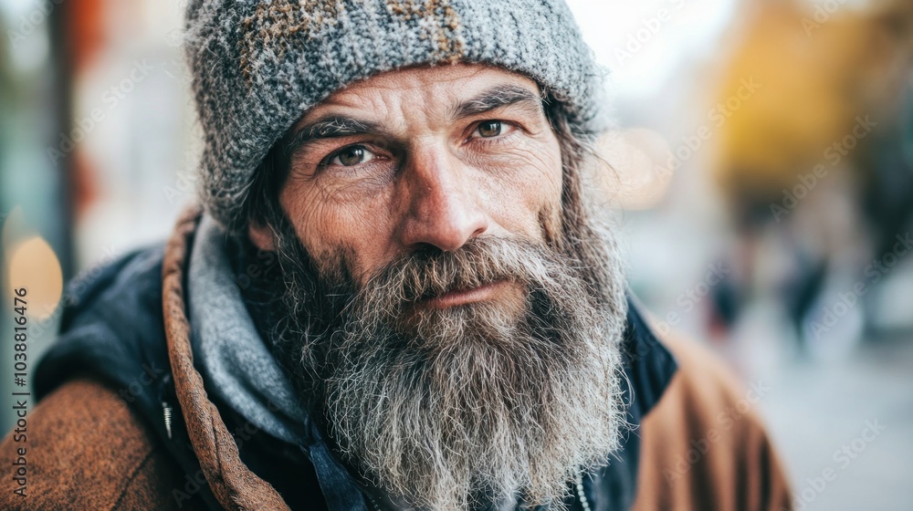 A close-up portrait of a weathered man with a beard, wearing a knitted hat and jacket. A close-up portrait of a weathered man with a beard, wearing a knitted hat and jacket.