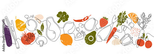 Culinary Background. Restaurant and Kitchen poster. Horizontal pattern with  Delishious Healthy Food. Continuous line drawing style combined with grunge silhouettes of Cooking ingresients.