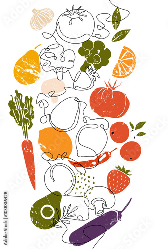 Culinary Vector element. Restaurant and Kitchen art. Vertical pattern with  Delishious Healthy Food. Continuous line drawing style combined with grunge silhouettes of Cooking ingresients.