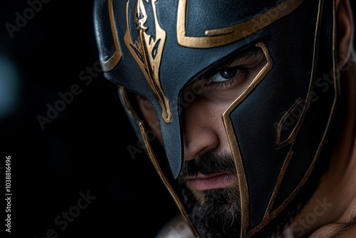 Spartan warrior's face close-up, showing the intensity in his eyes under the shadow of his helmet