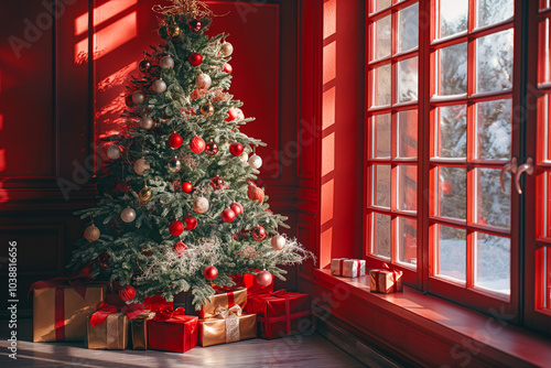 Christmas tree stands in a red room against the background of a window