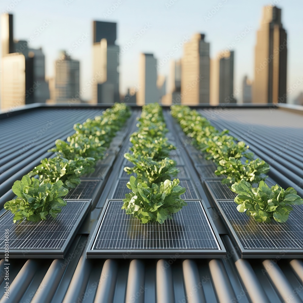 Fototapeta premium Sustainable urban rooftop garden blueprint, organic produce and solar panels, modern ecourban living