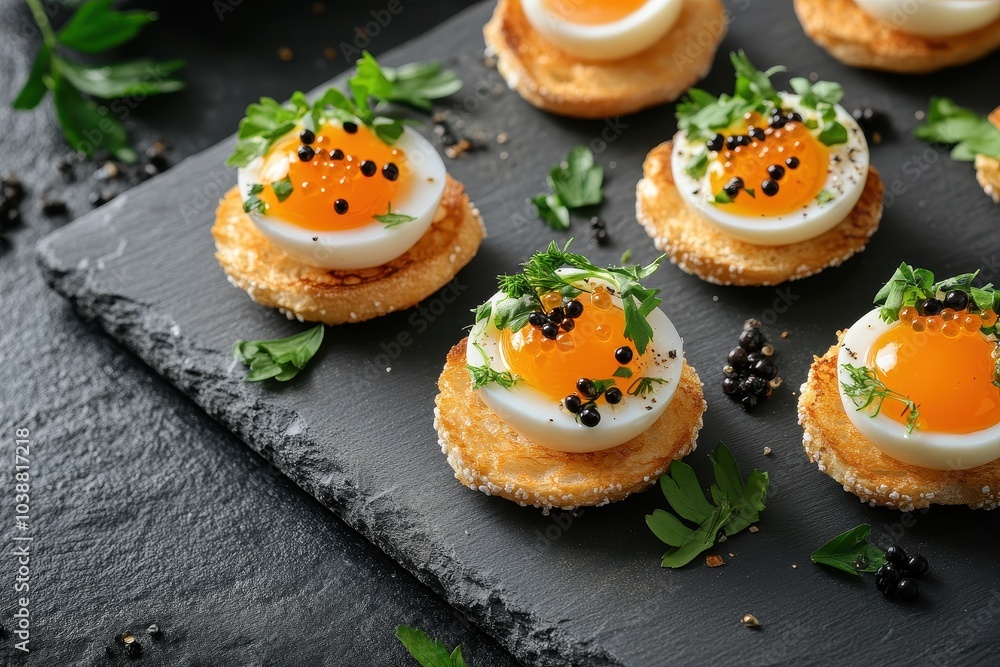 Appetizing canapes featuring crispy bread fried quail eggs herbs and caviar on a gray board Appetizing canapes featuring crispy bread fried quail eggs herbs and caviar on a gray board