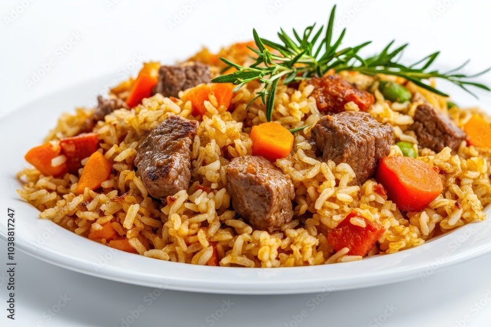 Aromatic meat and vegetable pilaf displayed on a white background Aromatic meat and vegetable pilaf displayed on a white background