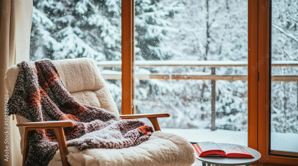 Cozy winter retreat with soft chair, warm blanket, and snowy views through a large window Cozy winter retreat with soft chair, warm blanket, and snowy views through a large window