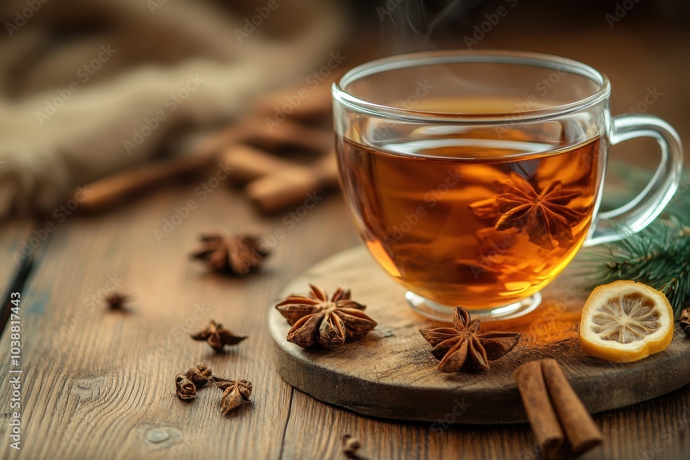 Arrangement featuring a glass mug of steaming tea on a wooden surface Arrangement featuring a glass mug of steaming tea on a wooden surface