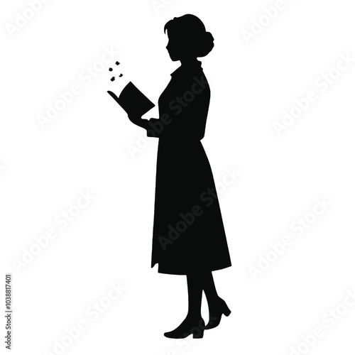 A silhouette of a woman wearing a long coat and holding a book 