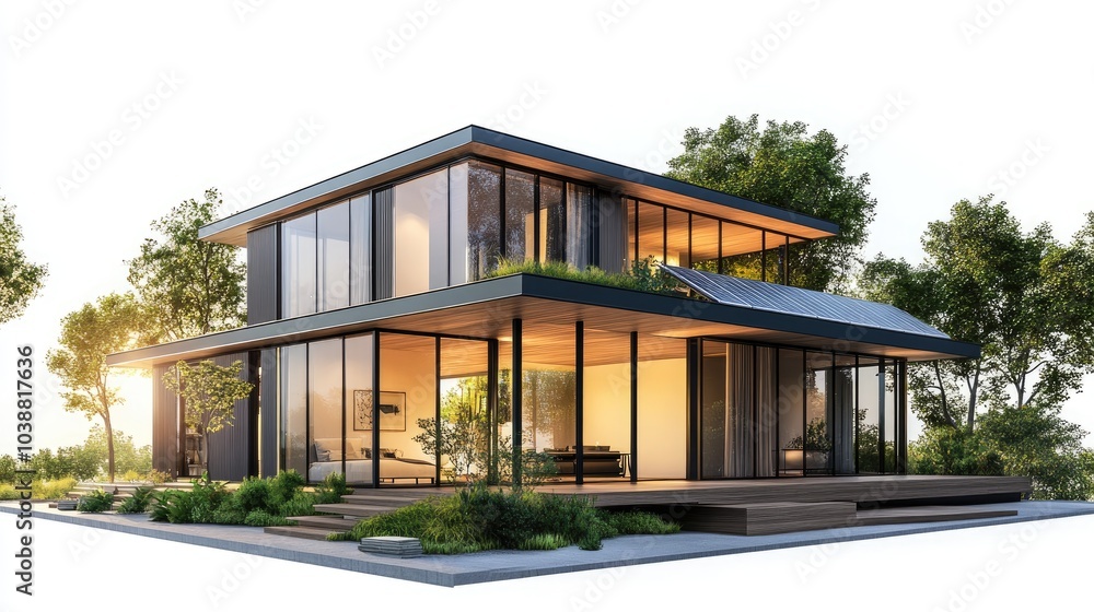 Modern solar-powered house on a transparent background, showcasing sustainable architecture and green living Modern solar-powered house on a transparent background, showcasing sustainable architecture and green living