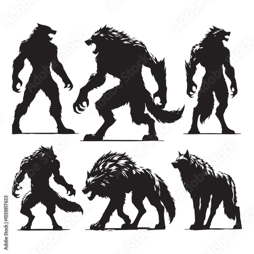 Set of werewolf silhouettes isolated on a white background, Vector illustration.
