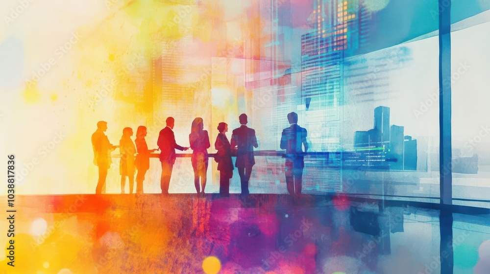 Watercolor depiction of a business team analyzing data on a large screen, bright abstract colors capturing dynamic strategy Watercolor depiction of a business team analyzing data on a large screen, bright abstract colors capturing dynamic strategy