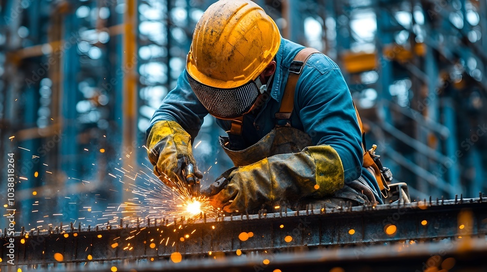 Close up of Construction Worker in Safety Gear Welding Metal Beams on Skyscraper Close up of Construction Worker in Safety Gear Welding Metal Beams on Skyscraper