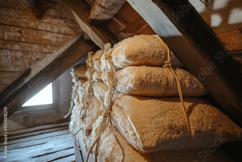 Attic walls and ceiling insulated with mineral wool and secured with polypropylene string