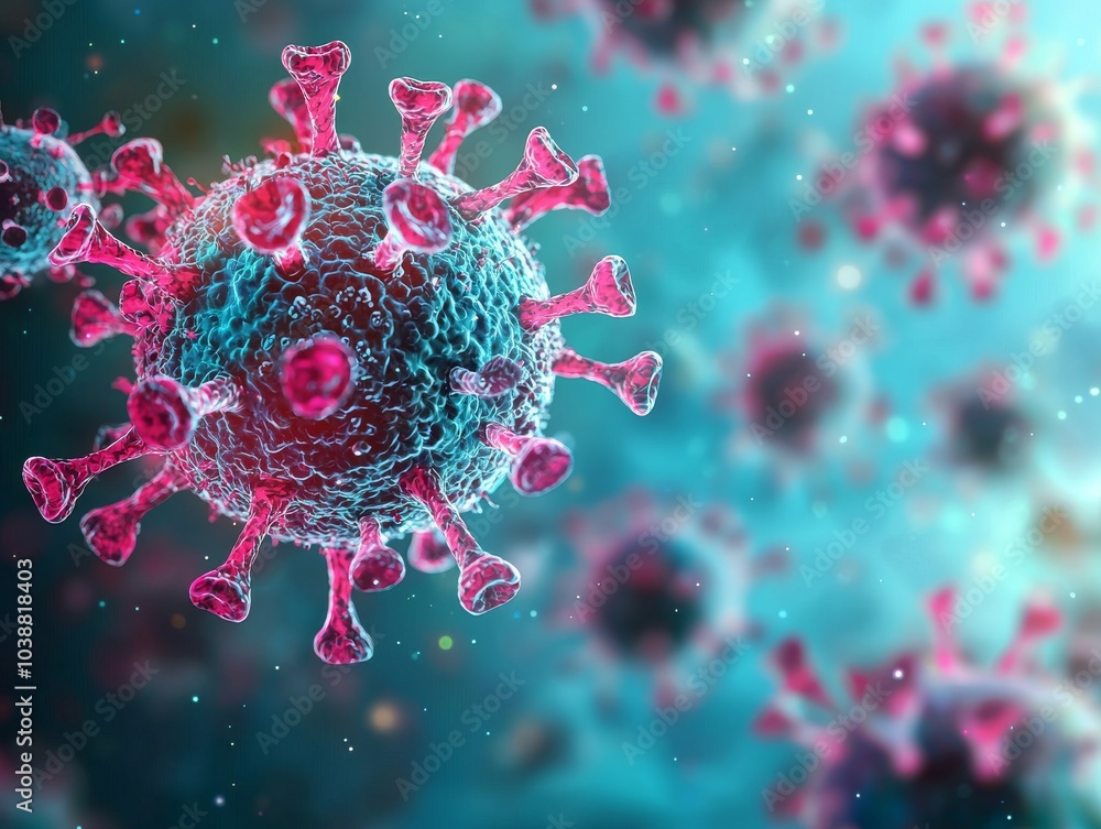 Microscopic View of a Virus Particle, 3D Render, Blue and Pink, Viral Structure, Virus ,Microbiology Microscopic View of a Virus Particle, 3D Render, Blue and Pink, Viral Structure, Virus ,Microbiology