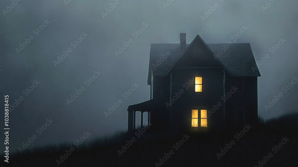 A solitary house in darkness with a single lit window, creating an inviting glow on a gloomy night A solitary house in darkness with a single lit window, creating an inviting glow on a gloomy night