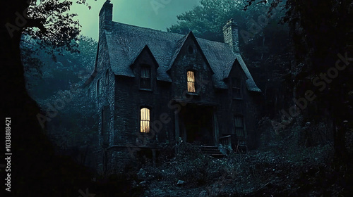 A large house shrouded in darkness with a single illuminated window radiating warmth amidst isolation