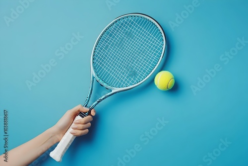 Close up View of Woman s Hands Holding Tennis Racket and Ball on Blue Background