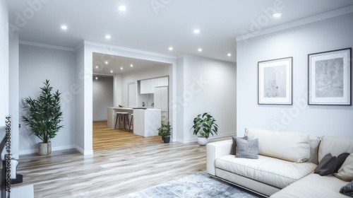 Modern Minimalist Living Room with Open Kitchen, White Couch, Recessed Lighting, Interior Design, Home Decor, Minimalist Living Room , interior design