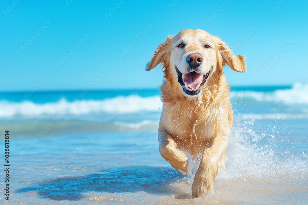 Golden retriever joyfully running along the sandy beach under a clear blue sky Golden retriever joyfully running along the sandy beach under a clear blue sky