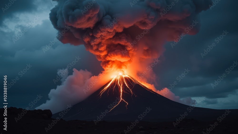 Fototapeta premium Dramatic Volcano Eruption with Lava and Ash Cloud