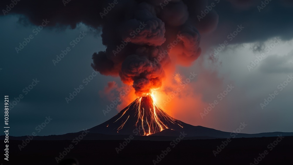 Fototapeta premium Dramatic Volcanic Eruption with Fiery Lava Flow