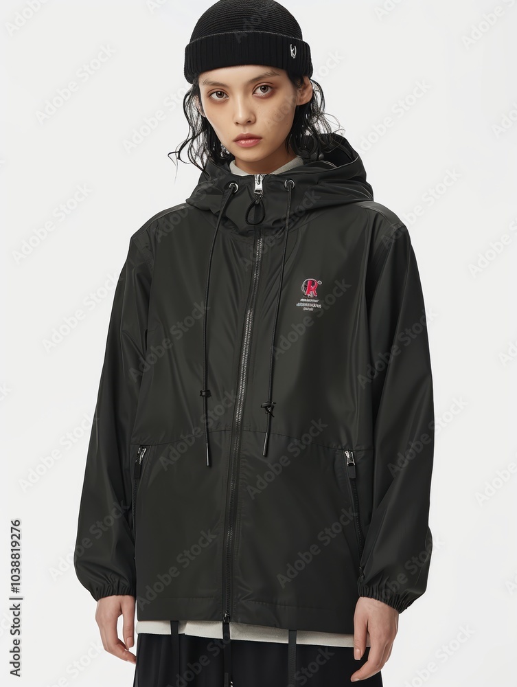 A young person models a sleek black hooded jacket, portraying a modern and stylish urban fashion statement. A young person models a sleek black hooded jacket, portraying a modern and stylish urban fashion statement.