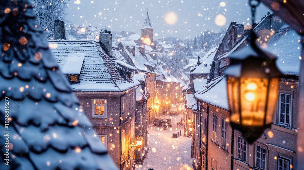 Obraz premium A serene winter night view through the skylight of snow-covered old town houses illuminated by lanterns