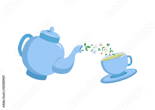 Teapot with floral herbal green tea. Cup and saucer, kettle. Background white isolated. Vector illustration.