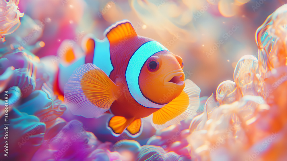 An Imaginary Character with Eccentric Clownfish Skin in Glam Rock Fashion Against Colorful Wallpaper An Imaginary Character with Eccentric Clownfish Skin in Glam Rock Fashion Against Colorful Wallpaper