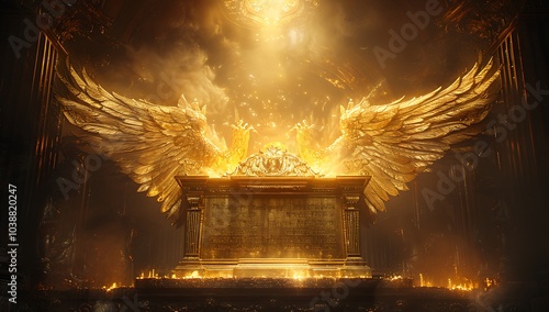 Ark of the Covenant ornate gold plating cherubim wings arching over placed in an ancient temple, dim golden light reflecting off the Ark intricate Hebrew inscriptions walls surrounding, glowing aura.