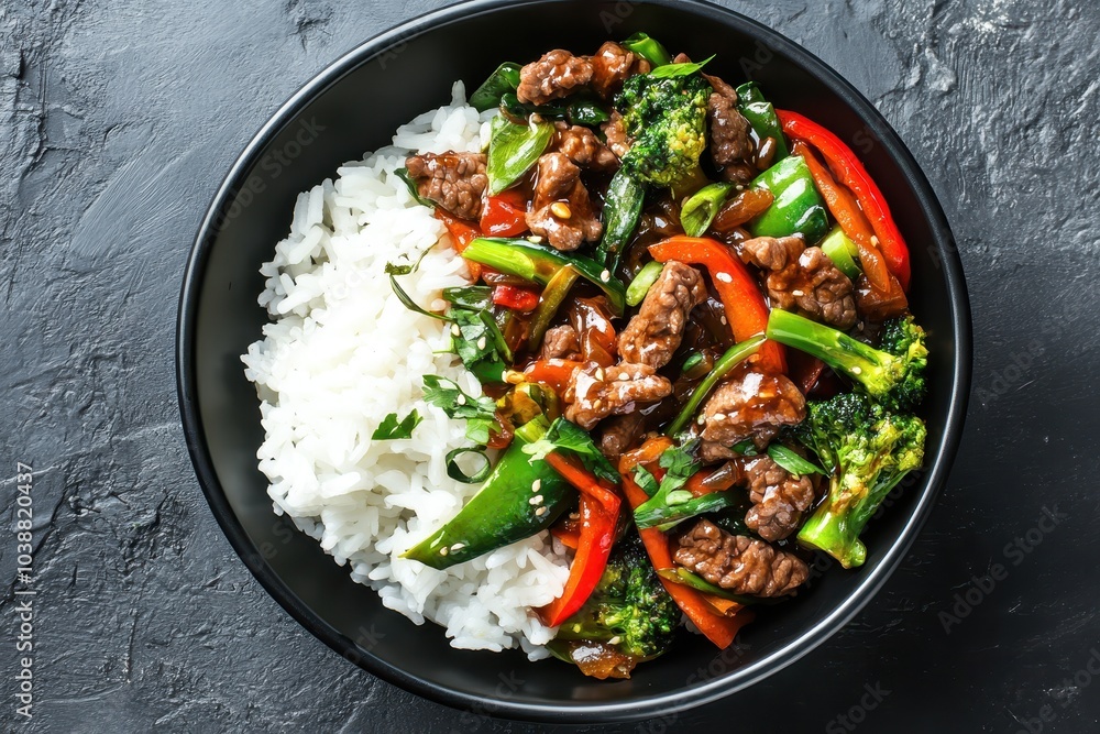 Beef and veggie stir fry served with white rice in a black bowl on a grey background viewed from above Beef and veggie stir fry served with white rice in a black bowl on a grey background viewed from above