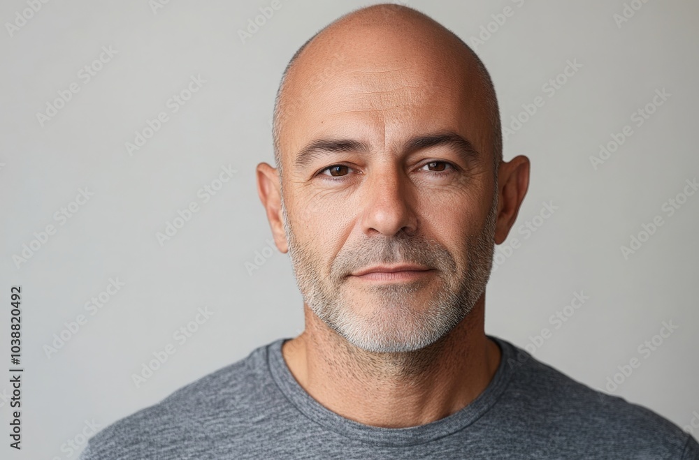 Calm middle-aged man with a clean-shaven head and beard wearing a gray shirt indoors Calm middle-aged man with a clean-shaven head and beard wearing a gray shirt indoors