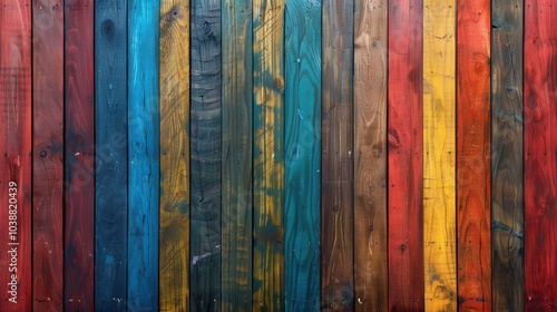 A number of colorful wooden boards arranged vertically, creating a textured, rainbow pattern perfect for backgrounds and vintage-themed designs.