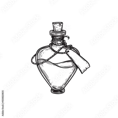Hearrt shaped bottle with liquid and tag. Hand drawn sketch style drawing. Magical, witchcraft equipment. Retro vintage vector illustration isolated on white.