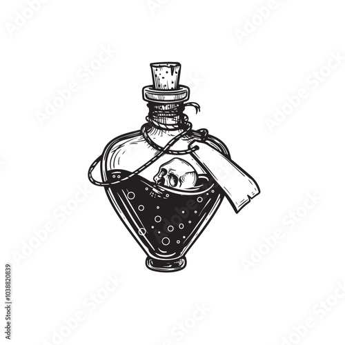 Hearrt shaped bottle with tag and poison and skull inside. Hand drawn sketch style drawing. Magical, witchcraft equipment. Retro vintage vector illustration isolated on white.