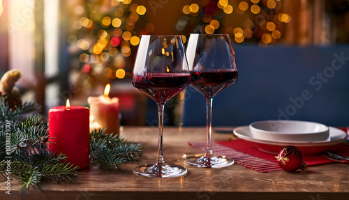 Warm and festive Christmas dinner setting with red wine, candles, and holiday decor. Perfect for intimate celebrations and gathering ambiance.