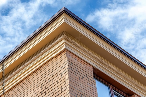 Beige horizontal trim atop a new brick structure with a brown metal gutter photo