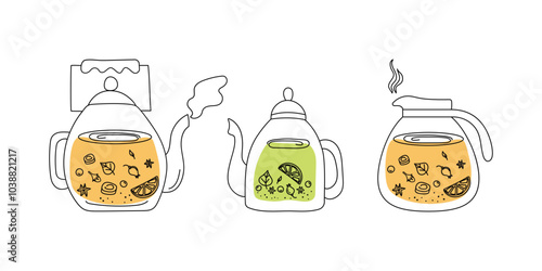 A set of glass kettles with hot tea. Drawings, doodles. Tea in teapots, mint, lemon, ginger. Healthy warming hot drink. Winter season. Vector illustration of tea time icons.