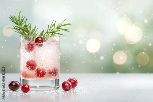 Festive holiday cocktail with cranberries and rosemary, snowy backdrop, flat design illustration photo