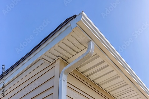 Beige horizontal vinyl siding gable with vertical PVC vent on pitched roof in a U S single family neighborhood photo